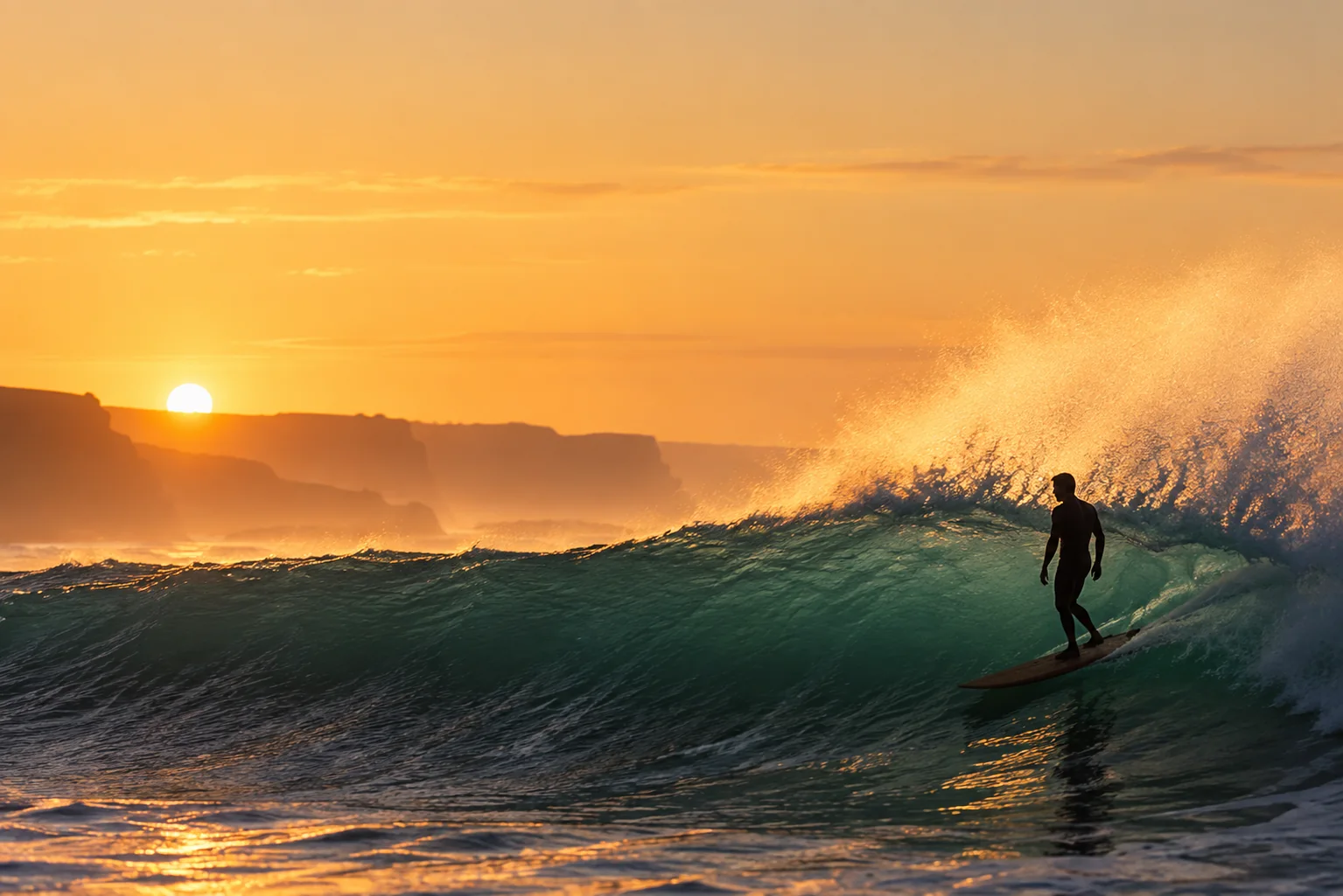 Surfer riding a golden-lit wave at sunset, silhouetted against a bright sky and a cliff line.
