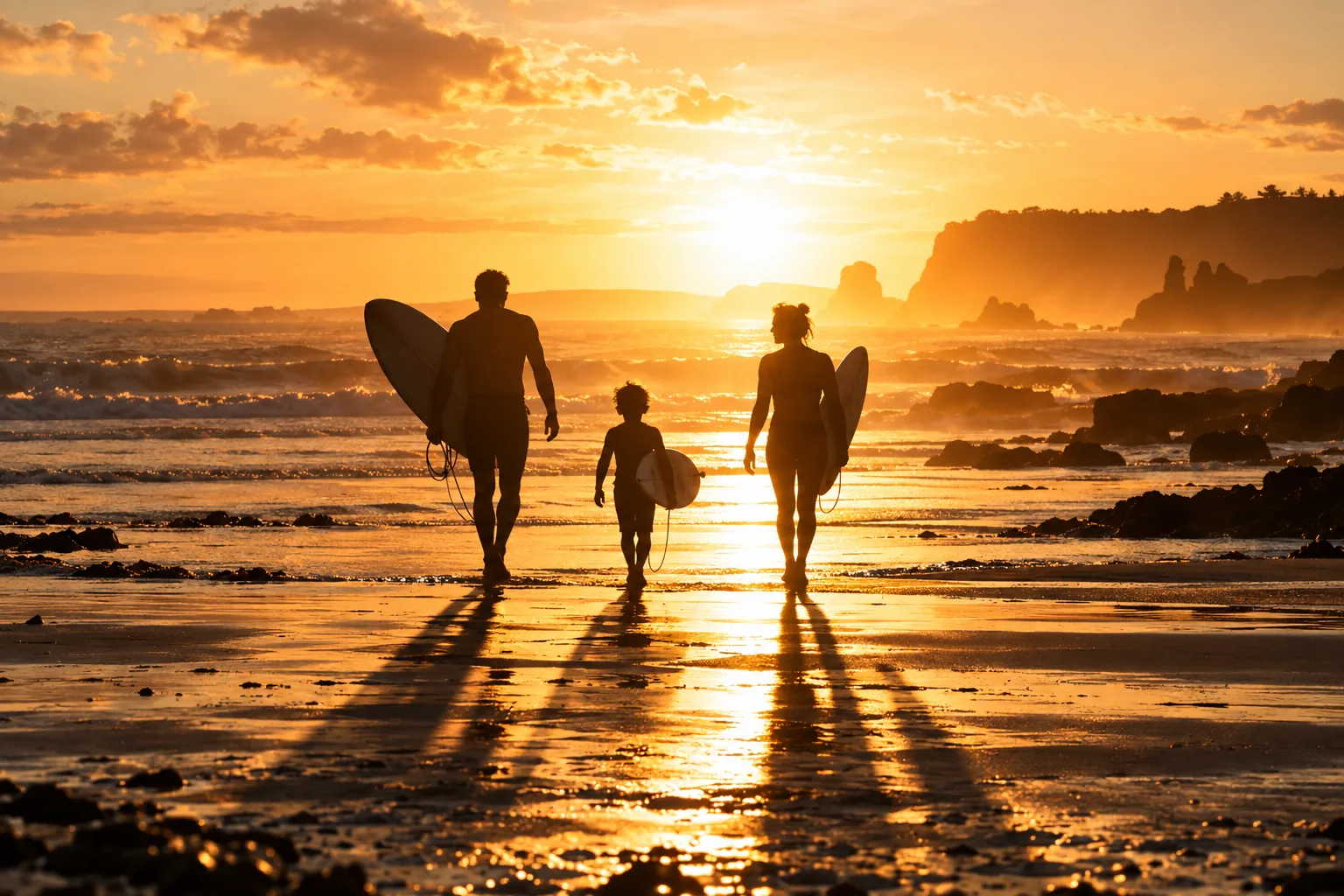 Three silhouetted figures carry surfboards along a sunset beach, long shadows stretching across wet sand.