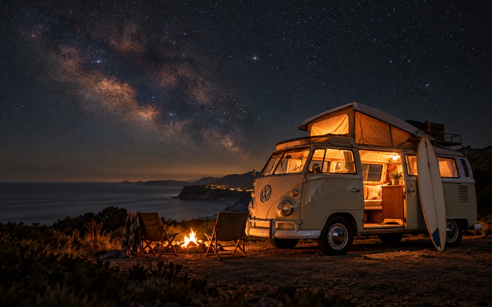 Camper van with a pop-up roof glowing beside a campfire under a bright Milky Way, with a surfboard leaning on the side.