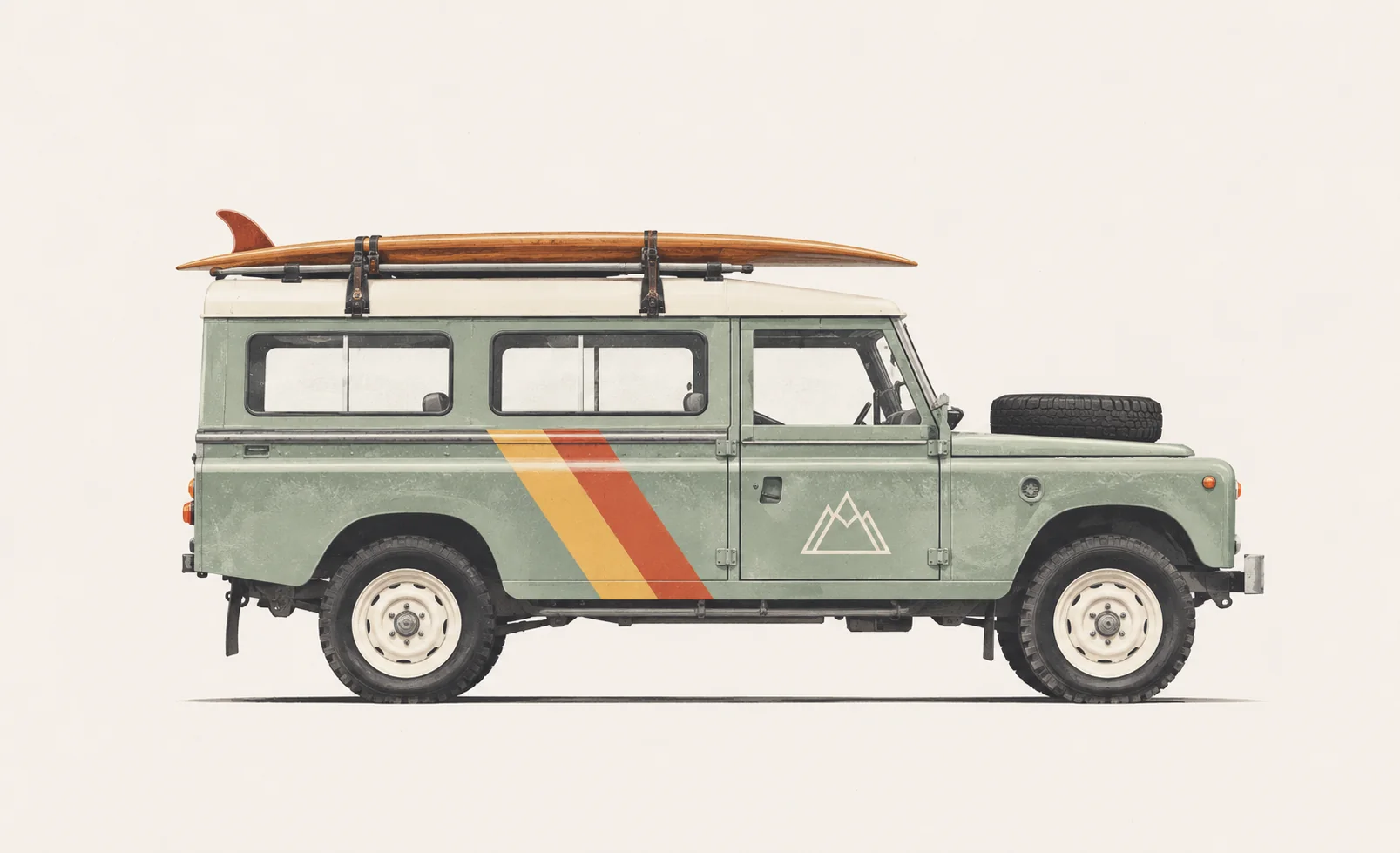Sage-green vintage surf truck with a longboard on the roof, shown against a pale cream background.