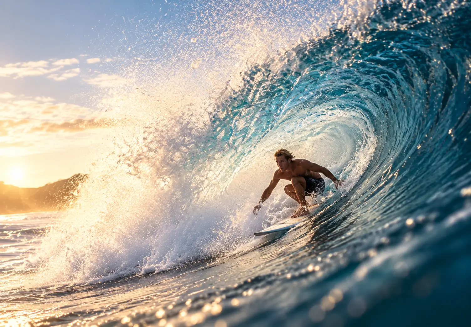 Surfer inside a turquoise barrel wave with warm sunlight glowing across the spray.