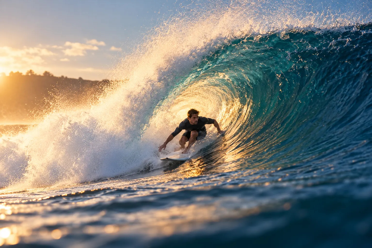 Surfer in a glowing barrel wave with golden sunlight lighting the spray and water.