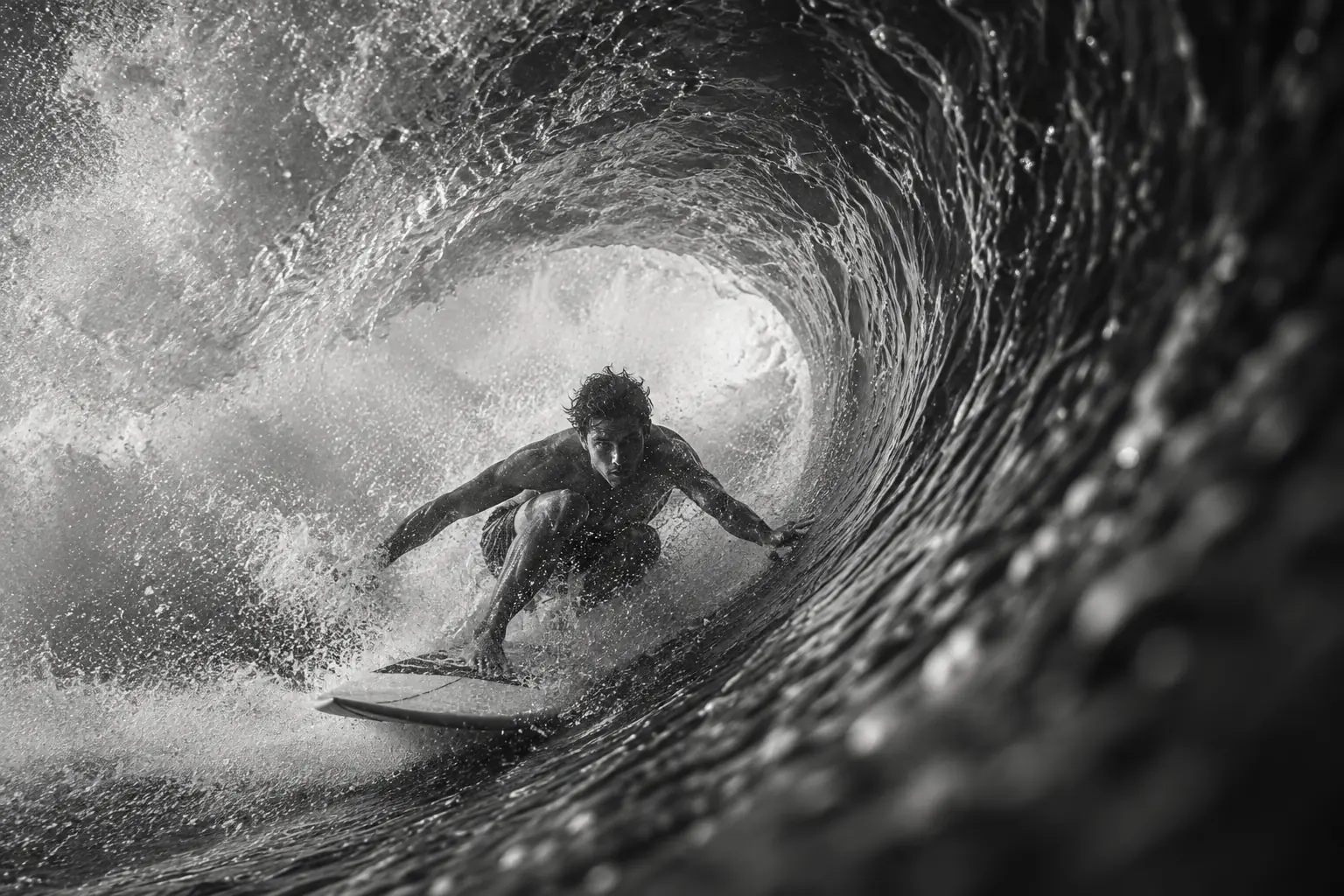 Black-and-white photo of a surfer inside a crashing barrel, with a swirl of spray and textured water.