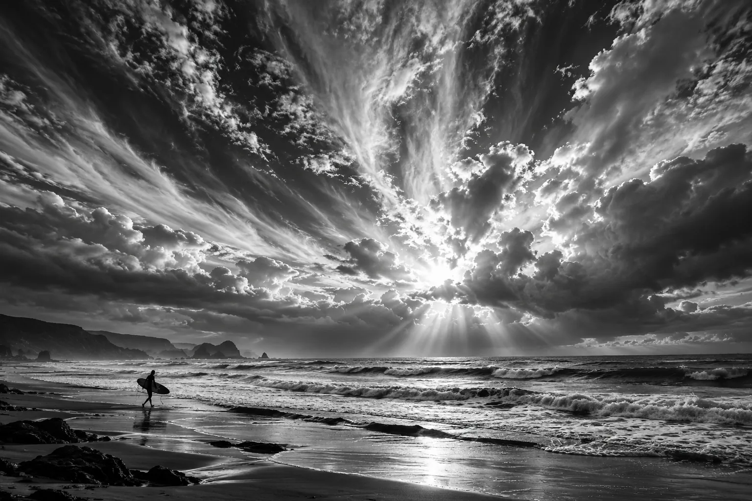 Black-and-white photo of a sky burst of sunrays over a dark beach, with a tiny figure near the surf.
