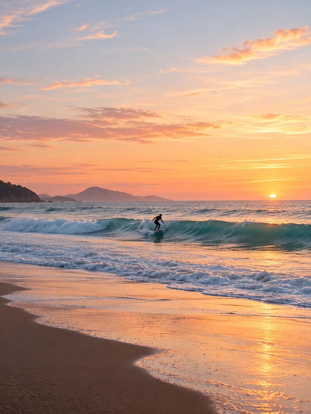 Small surfer on a dark rocky shore at sunset, silhouetted against glowing orange sky and stacks.