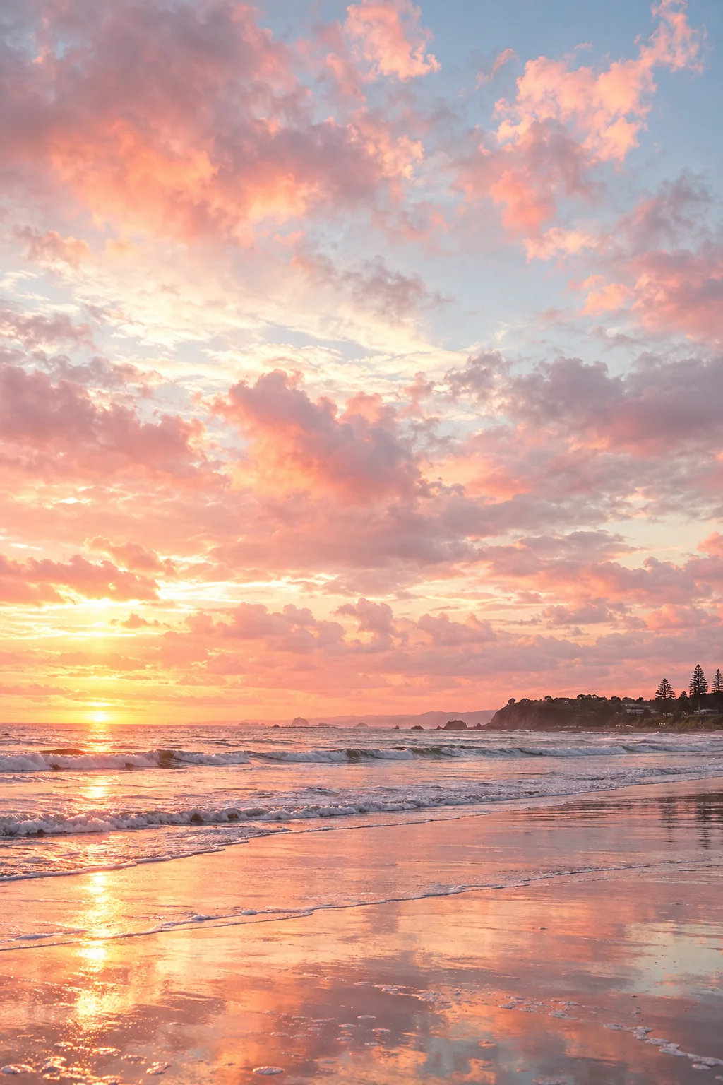 Pink and gold clouds over a wet beach, with a headland in the distance and foam on the sand.