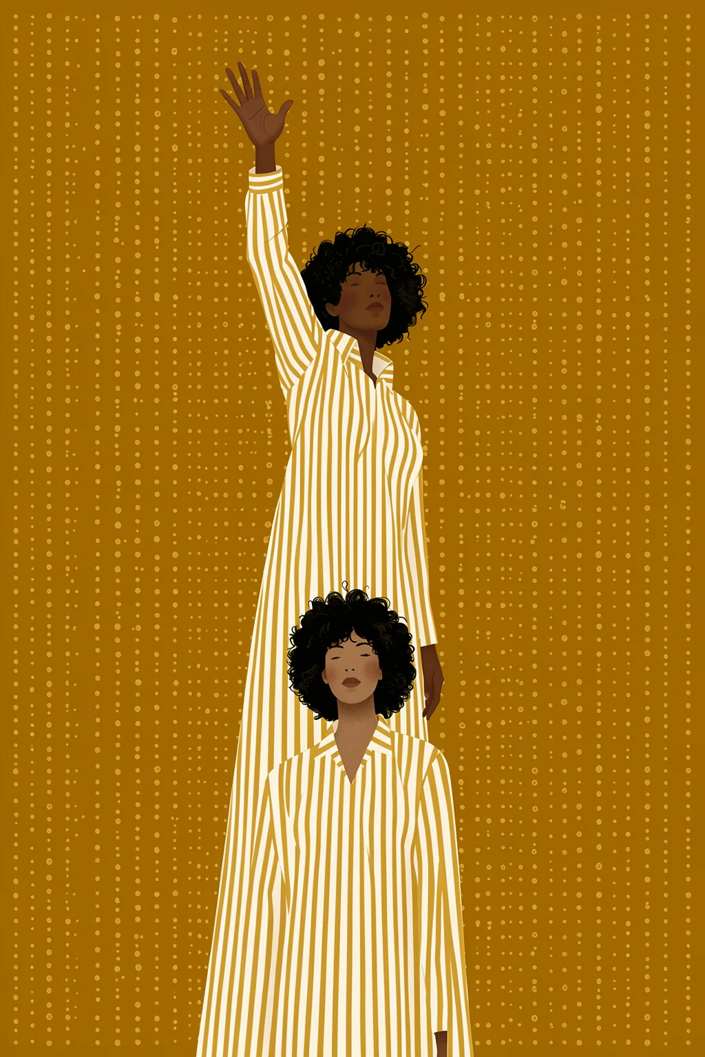 Loving Embrace. Two women in long striped garments stand one behind the other against a dotted ochre field; the figure behind raises one arm overhead.