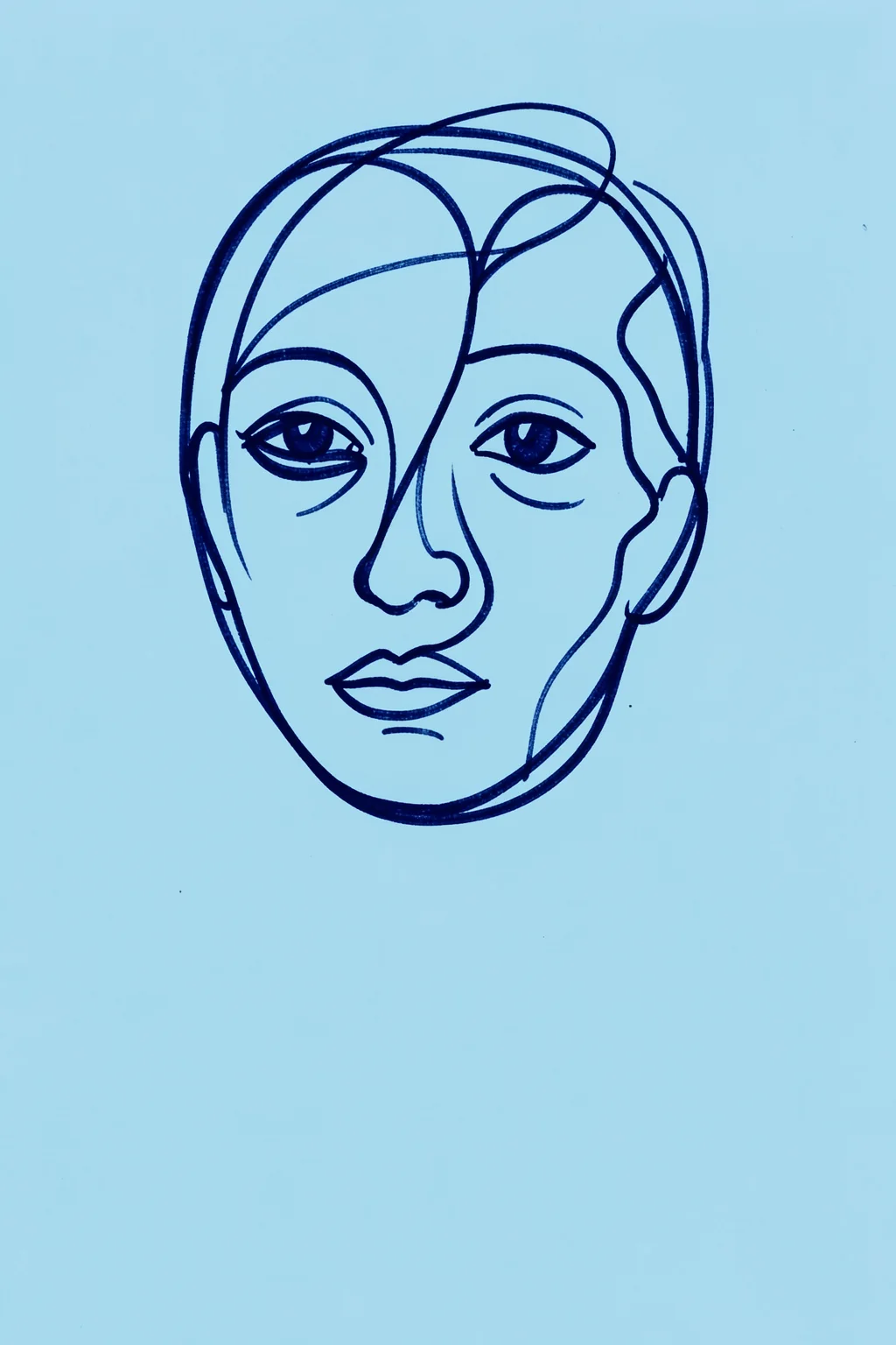 Abstract Blue Face. A continuous dark-blue line sketches a forward-facing face against a flat pale-blue ground.