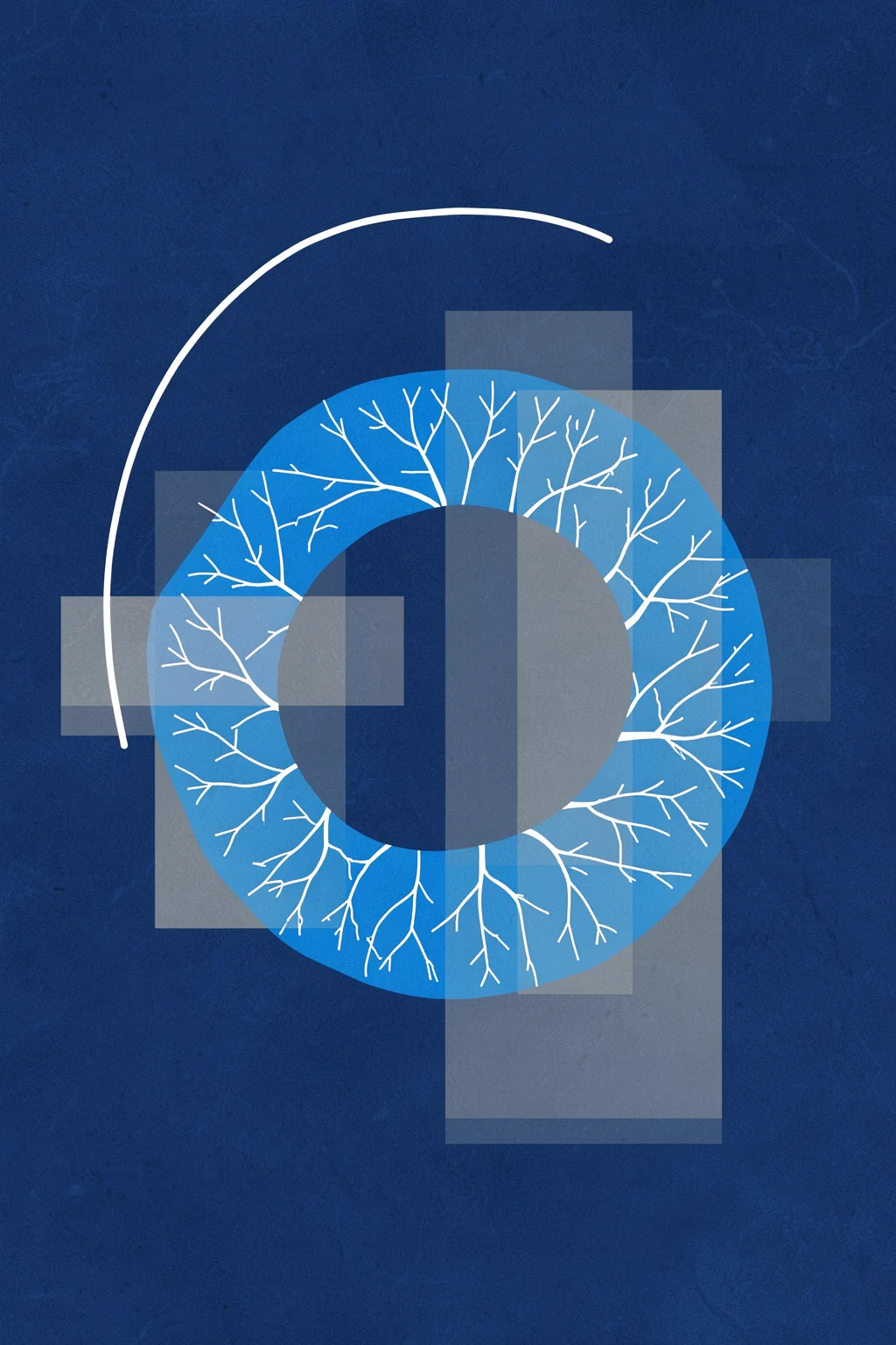 Abstract Blue Forms. A bright branching blue ring surrounds a gray center, layered over translucent rectangles and thin circular lines on a dark navy background.