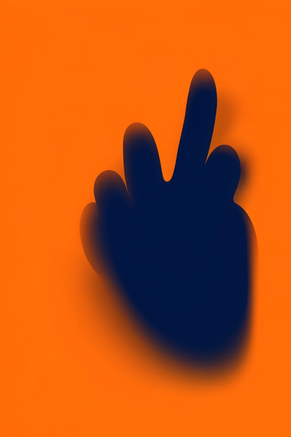 Abstract Blue Orange Flow. A soft-edged navy hand silhouette with two raised fingers is centered on a vivid orange background.
