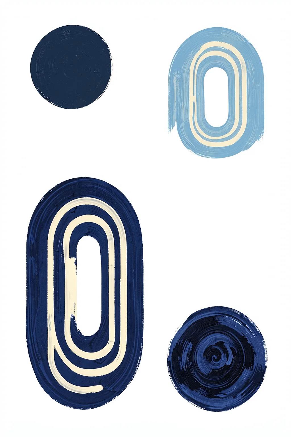 Abstract Blue Shapes. Four dark-blue and pale-blue rounded motifs—including nested arch-like loops and a small spiral—are spaced across a white background.