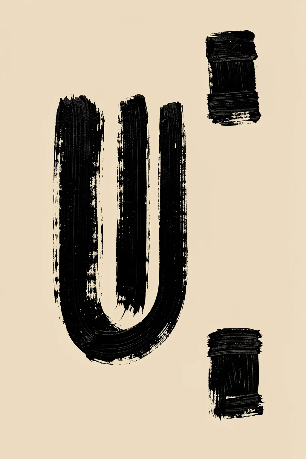 Abstract Brush Strokes. Broad black brushstrokes form an open, angular abstract mark with short bars and a curved lower stroke on beige.