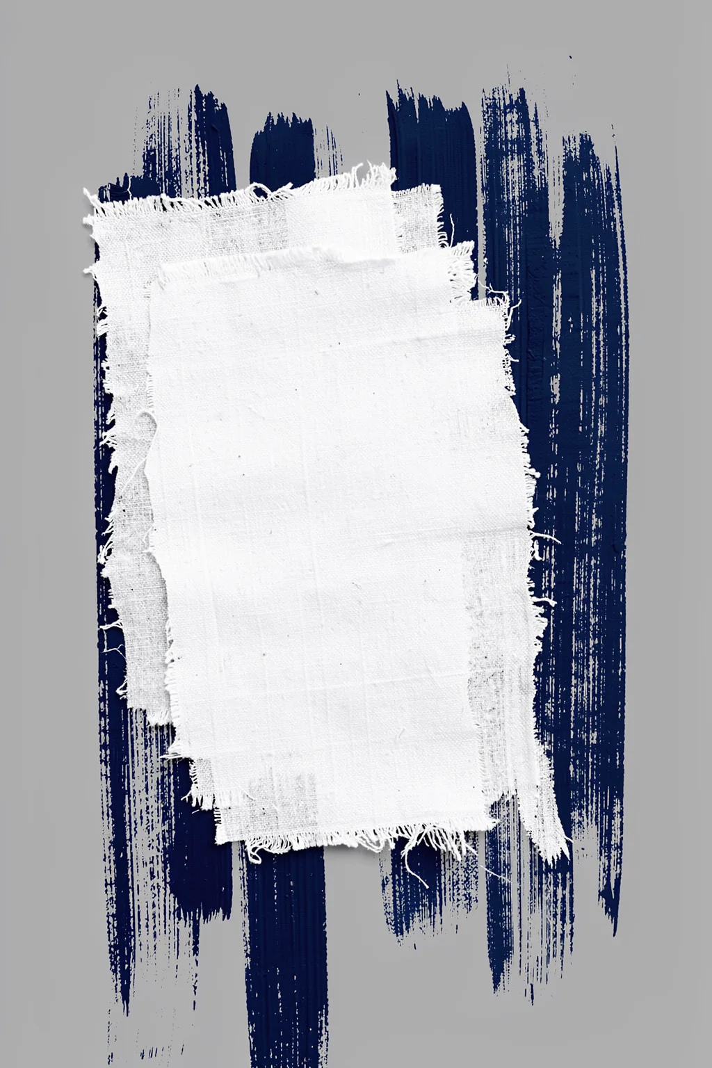 Abstract Brush Strokes 14. A rough white rectangle sits over dark navy brush marks, with broad blue strokes extending above and around it on gray.