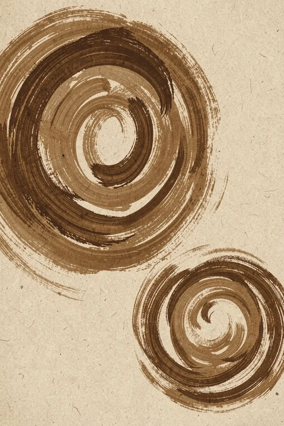Abstract Brush Strokes 176X. Two loose brown spiral brush marks of different sizes sit on a textured beige ground.