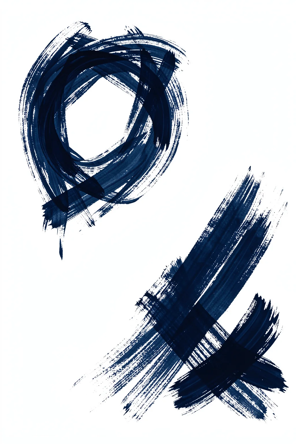 Abstract Brush Strokes 98. A dark navy circular brush mark and two diagonal strokes sit apart on white, leaving broad open space around them.
