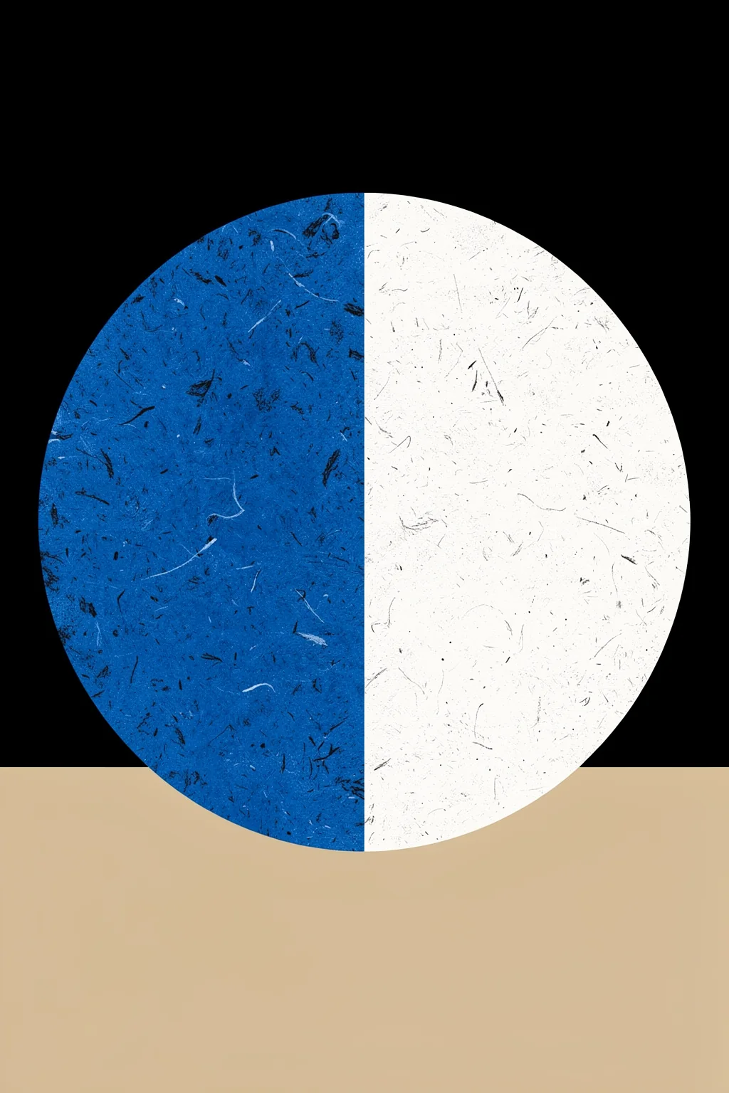 Abstract Geometric Reflection. A circle split into textured blue and white halves sits above a tan horizontal band against a black field.