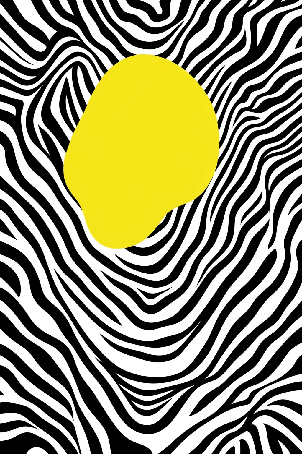 Abstract Golden Waves. A bright yellow oval sits inside dense undulating black-and-white lines that ripple from top to bottom.