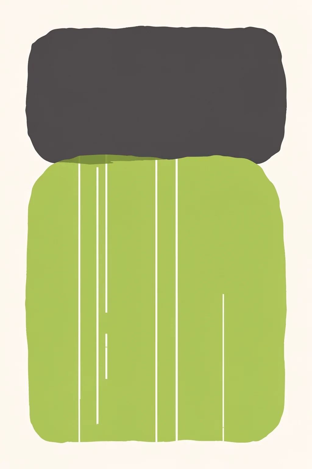 Abstract Green Balance. A charcoal-gray block rests above a lime-green rounded rectangle, with thin vertical white lines on a cream background.