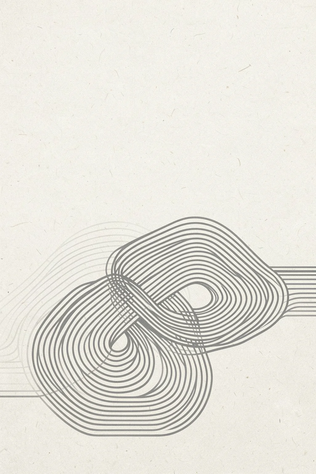 Abstract Grey Intersections 01. Two interlocking gray contour-line loops cross at the center, with thin horizontal lines extending across a lightly textured field.