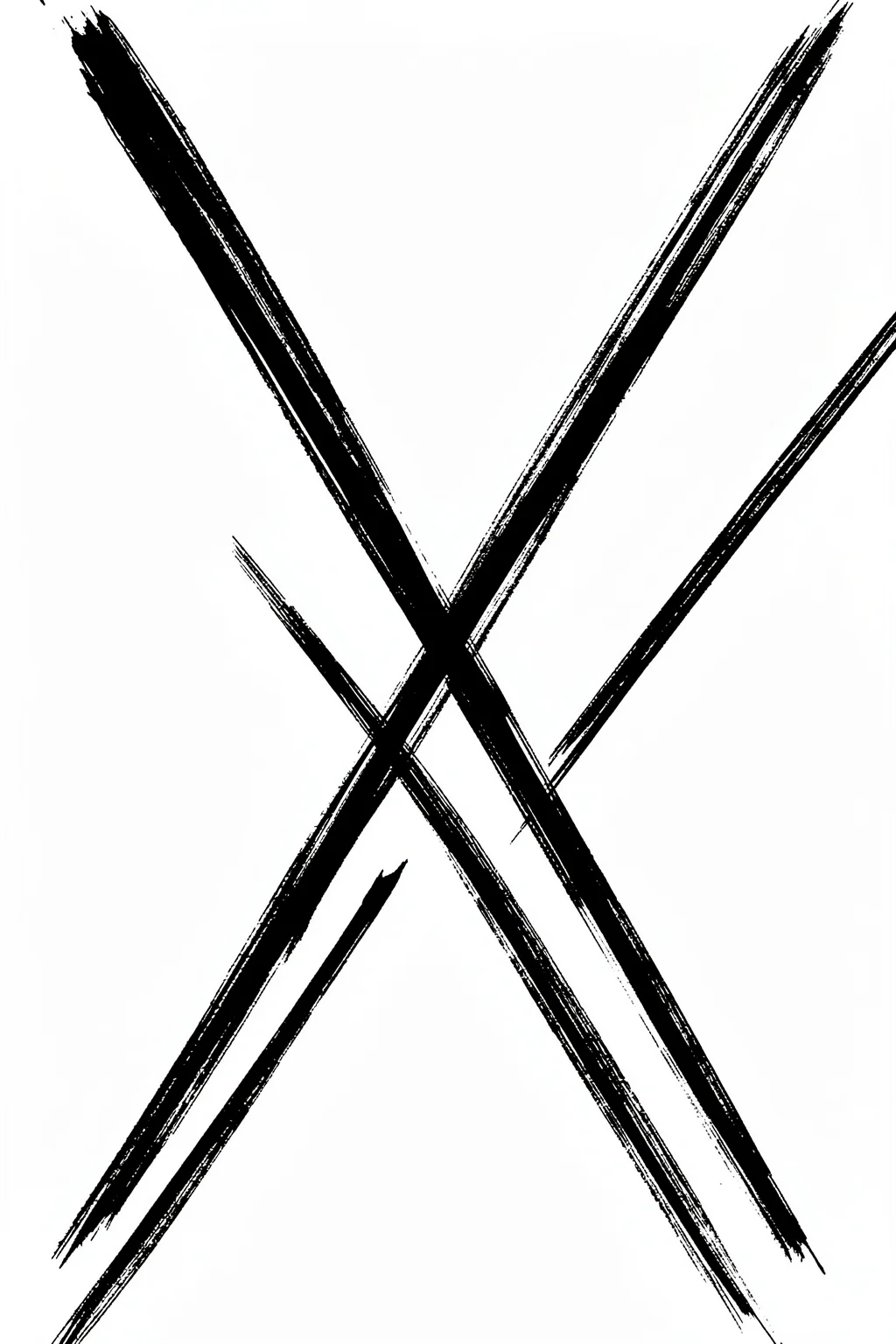 Abstract Intersecting Lines. Several long black brush lines intersect in a large angular X across a white field.