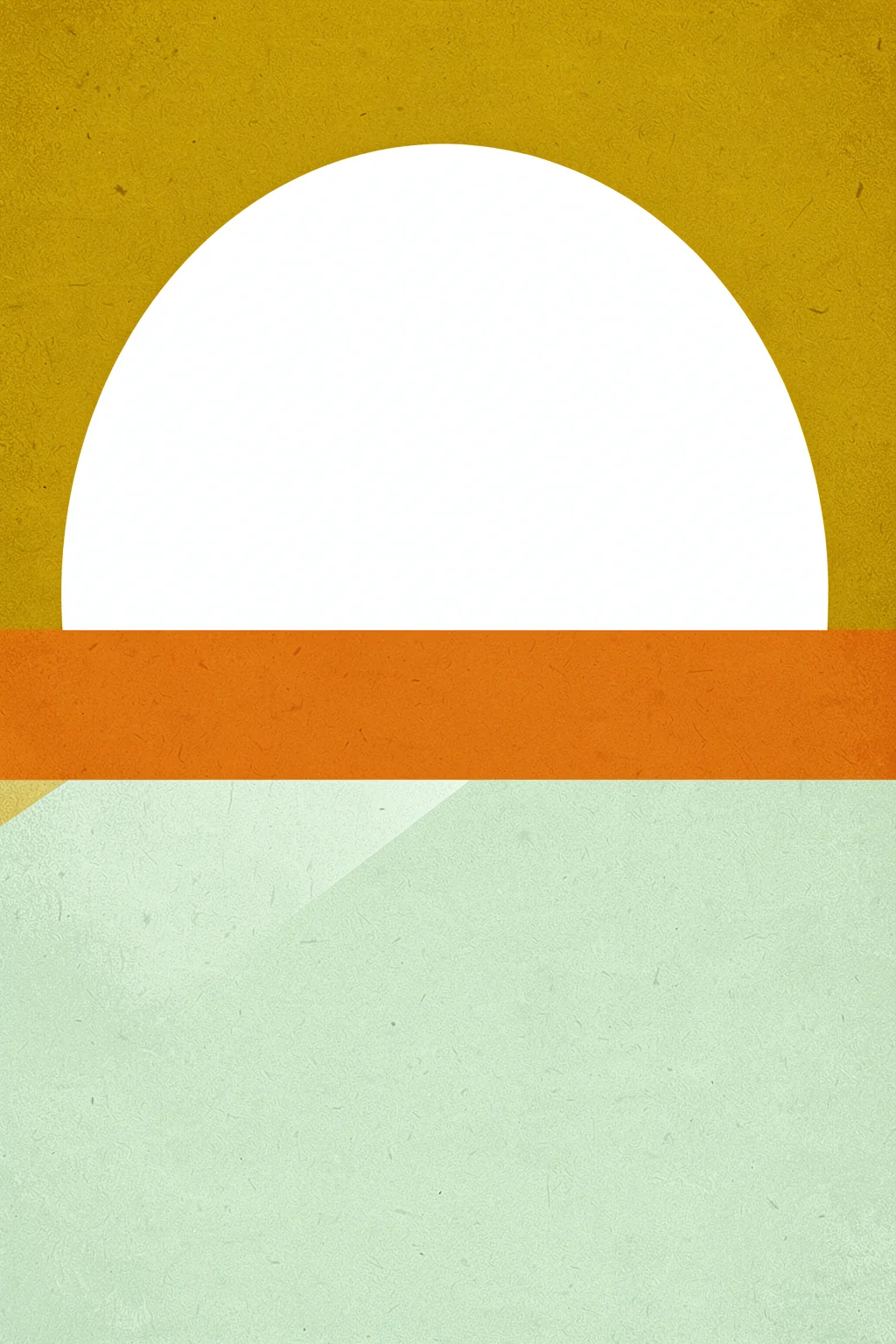 Bauhaus 3 23. A white semicircle rises above an orange horizontal band and pale mint blocks on a mustard-yellow and cream geometric field.