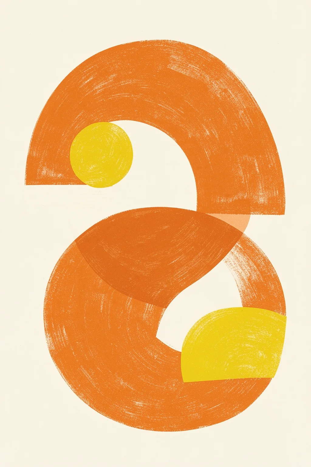 Bauhaus 4 23. A broad orange loop shaped like a loose numeral curves around two bright yellow circles on a cream background.