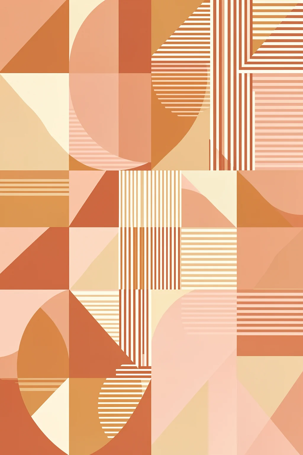 Bauhaus Fun Pastel. A pastel geometric grid combines peach and cream circles, triangles and striped panels in a tall composition.