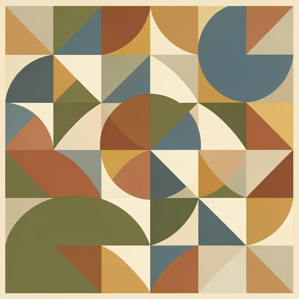 Bauhaus Modern. A square grid of circles, semicircles, triangles and rectangles forms a muted modernist geometric pattern.