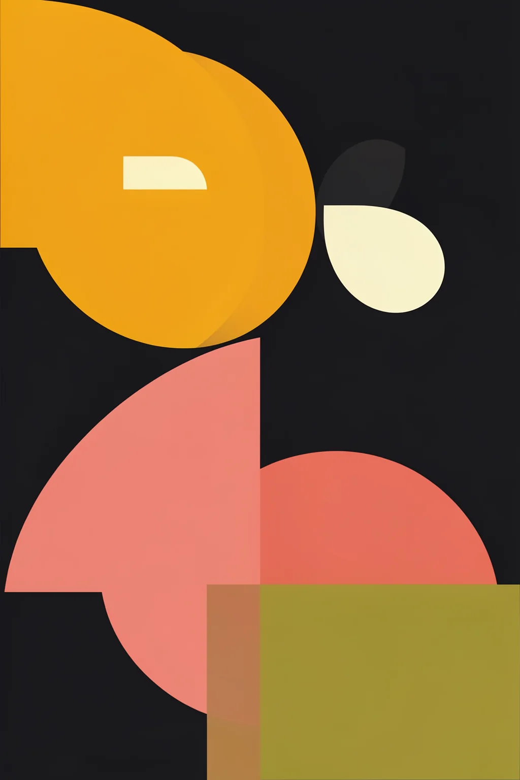 Geo Shapes Fall 21 Geo. Flat geometric shapes in yellow, coral, cream and olive overlap against a charcoal-black background.
