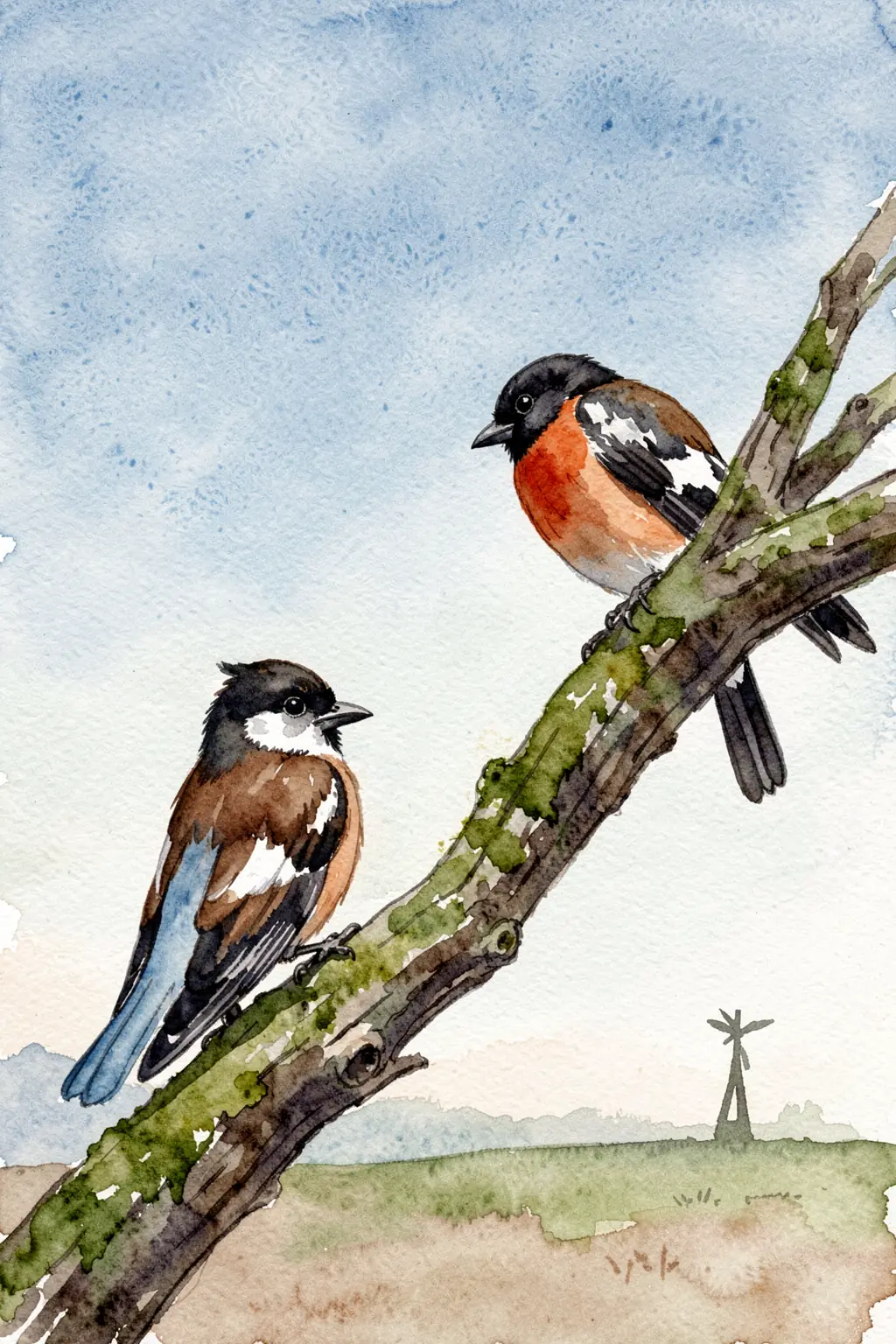 Two Birds Hawfinch. Two watercolor birds perch on a diagonal, mossy branch above a low landscape; one has a dark head and blue tail, while the other has a black head and rusty breast.