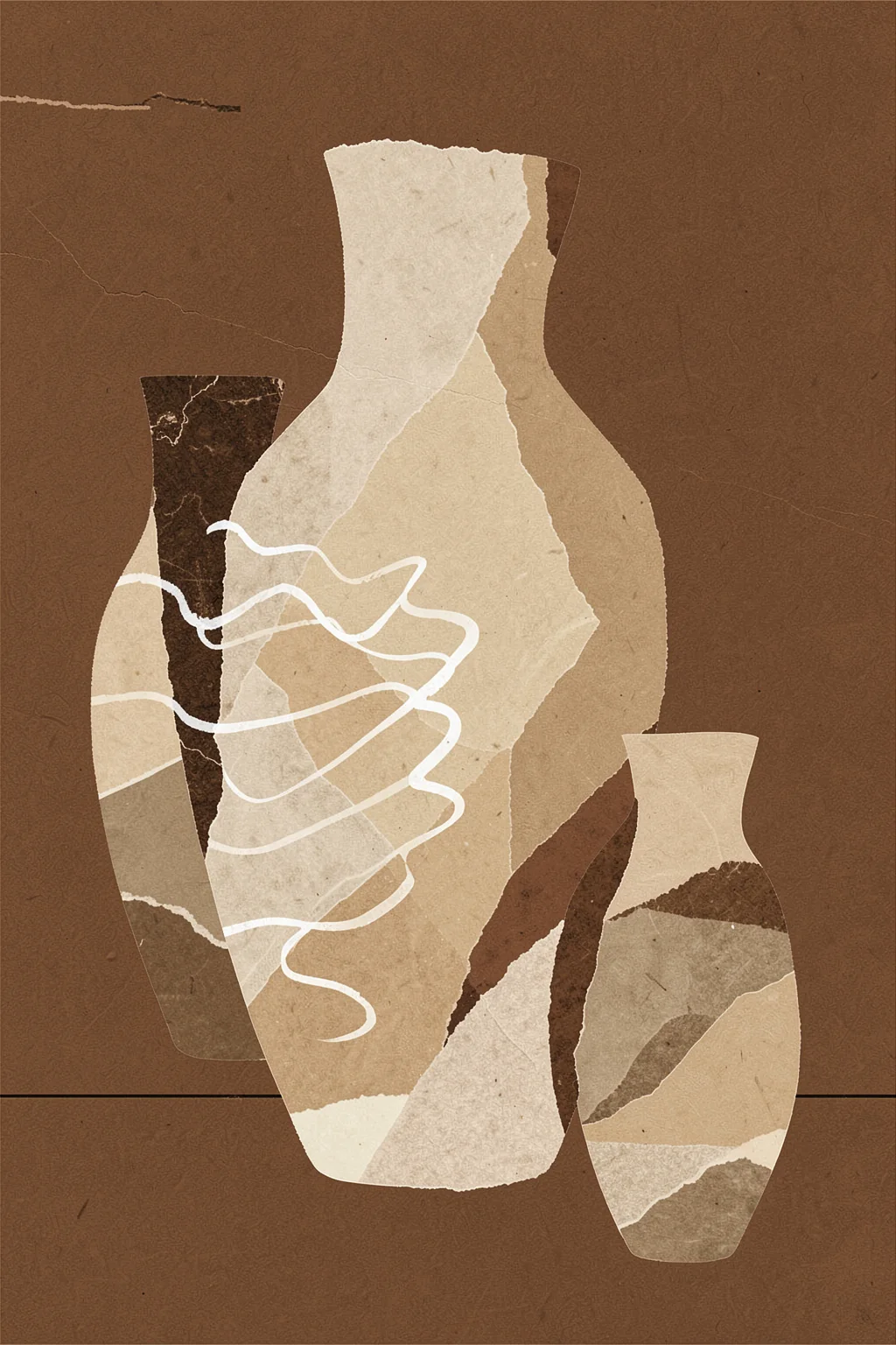 Potterypoemno08. Three overlapping vase silhouettes in cream, tan, and dark brown sit on a warm brown ground, with loose white looping lines across the left side.