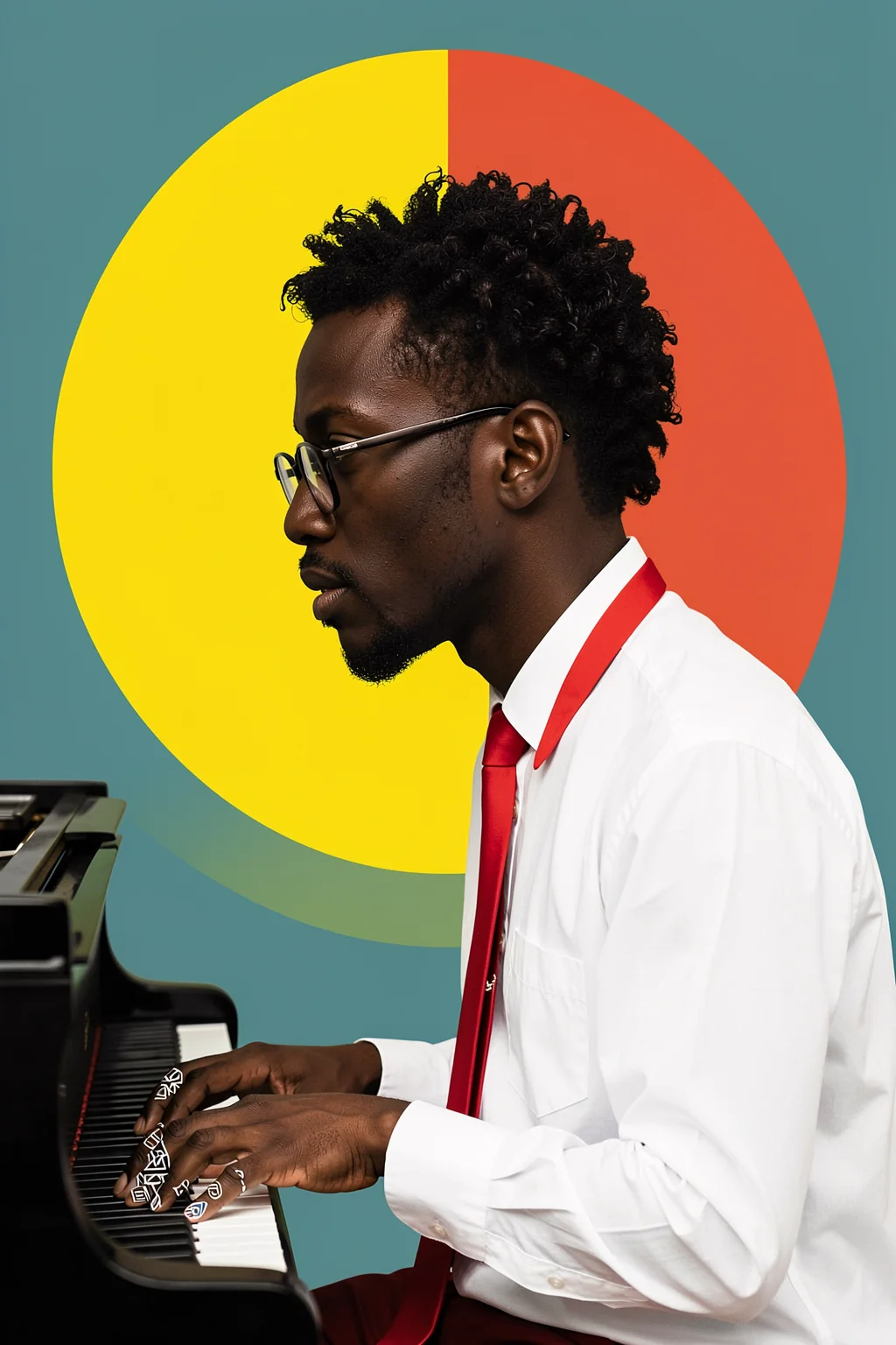 Soulful Piano Player. A man in glasses and a white shirt with a red tie plays a piano in profile, backed by a large yellow-and-red circle on a teal ground.