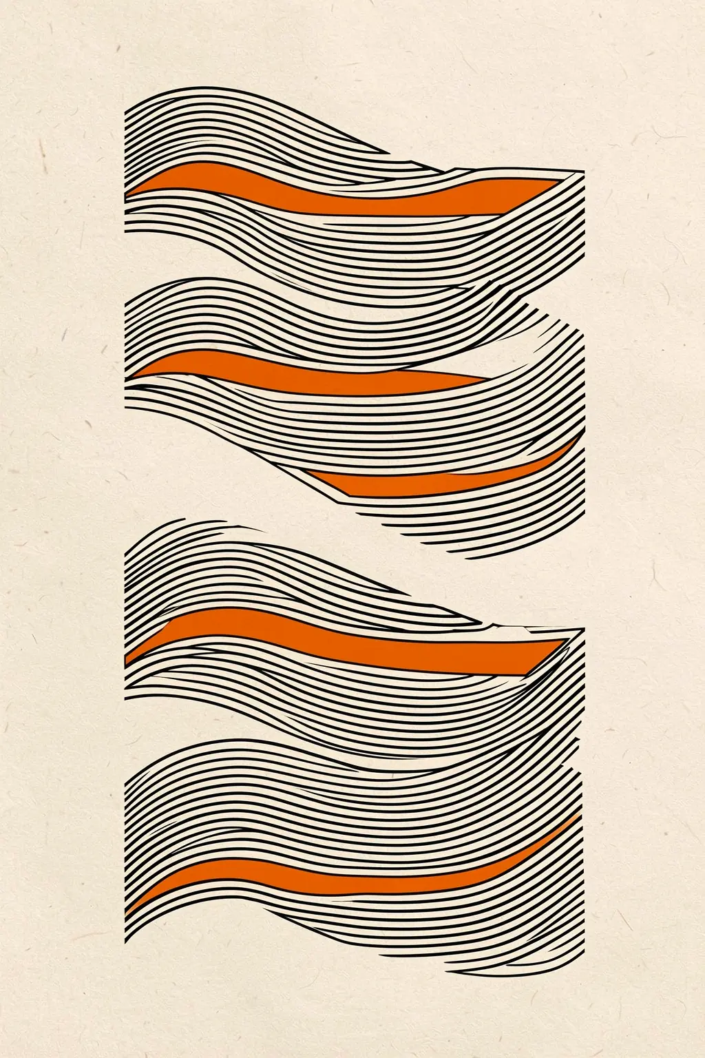 Curved Rhythm Path. Three groups of fine black wavy lines are crossed by orange bands on a pale textured background.