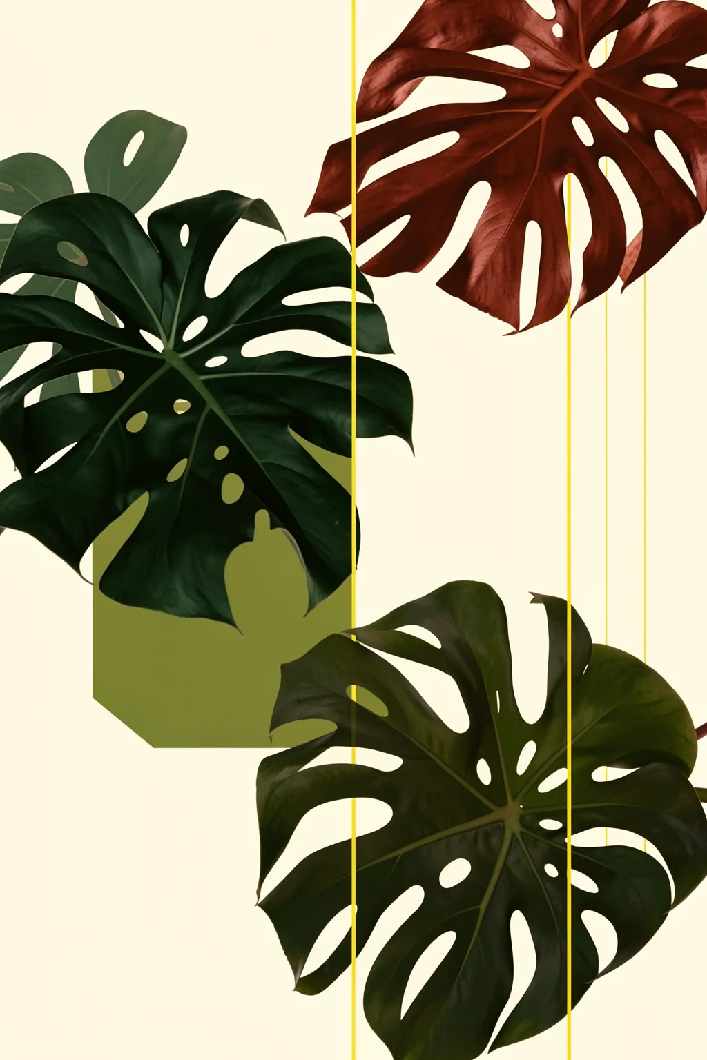 Leaves More 3 Kopie. Three large split leaves overlap on cream, with dark green foliage at left and lower right, a reddish-brown leaf above, and thin yellow vertical lines.