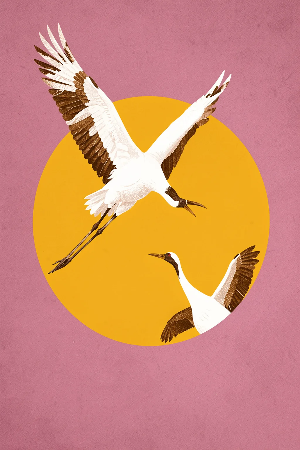 Graceful Cranes Sun. Two white cranes with dark wing markings fly across a large golden circle on a textured dusty-rose background.