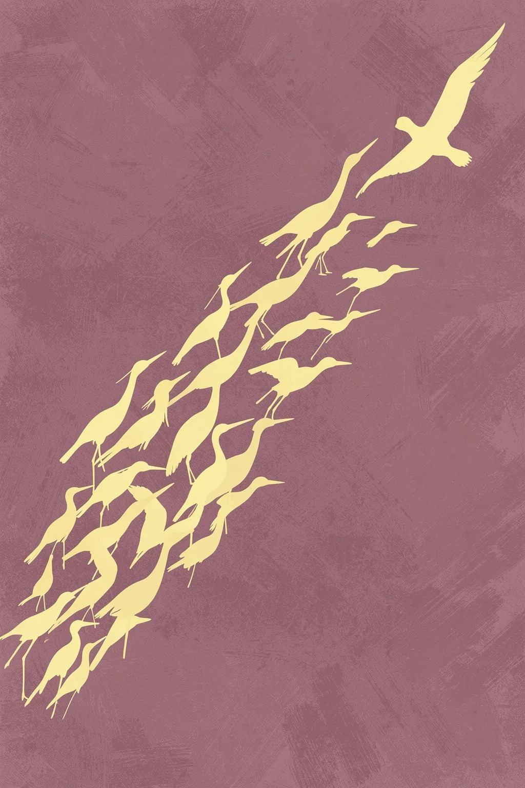 Graceful Golden Flight. A flock of pale yellow crane silhouettes rises diagonally across a textured mauve field, with one larger bird leading near the upper right.