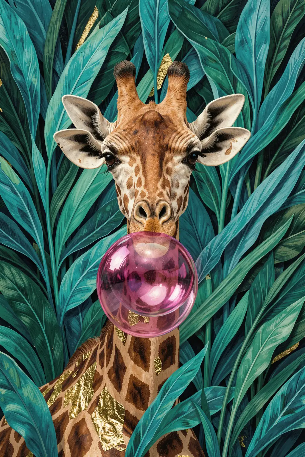 Playful Giraffe Bubblegum. A giraffe faces forward among dense teal and dark-green leaves, blowing a large translucent pink bubble.