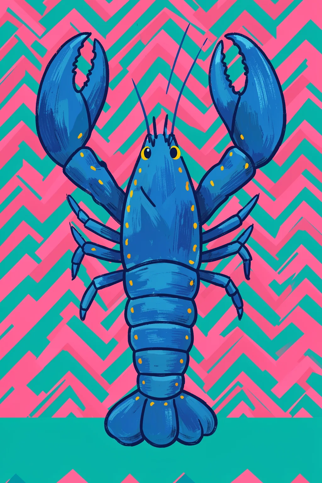 Vibrant Blue Lobster Chevron. A bright blue lobster raises its claws against a pink-and-teal zigzag pattern, with a solid teal band along the bottom.