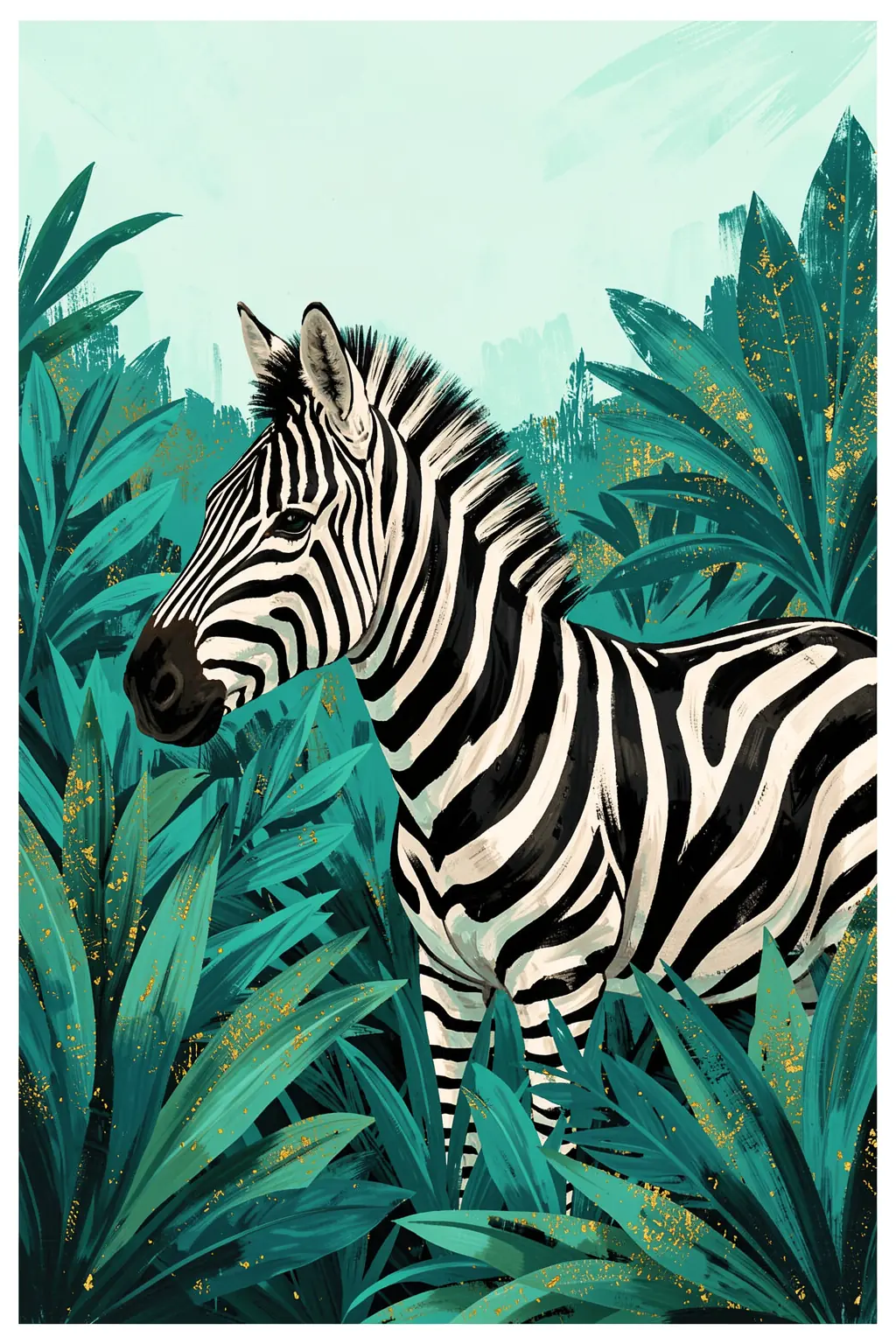 Zebra in the jungle 1. A zebra’s head and striped body emerge from dense teal tropical leaves dotted with small golden accents beneath a pale mint sky.