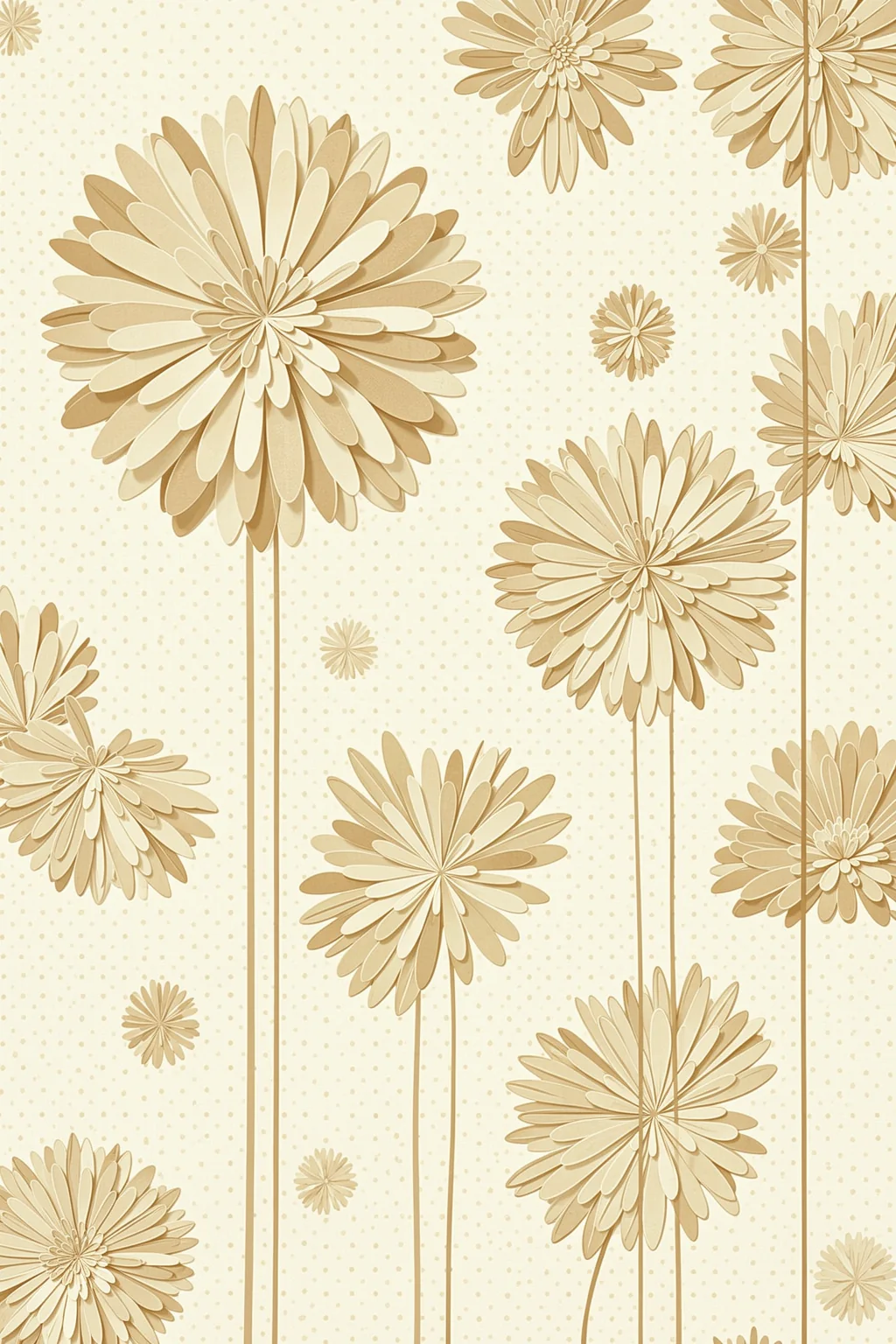 Elegant Floral Pattern. Layered beige and cream daisy-like flowers of varying sizes repeat across a pale dotted background.