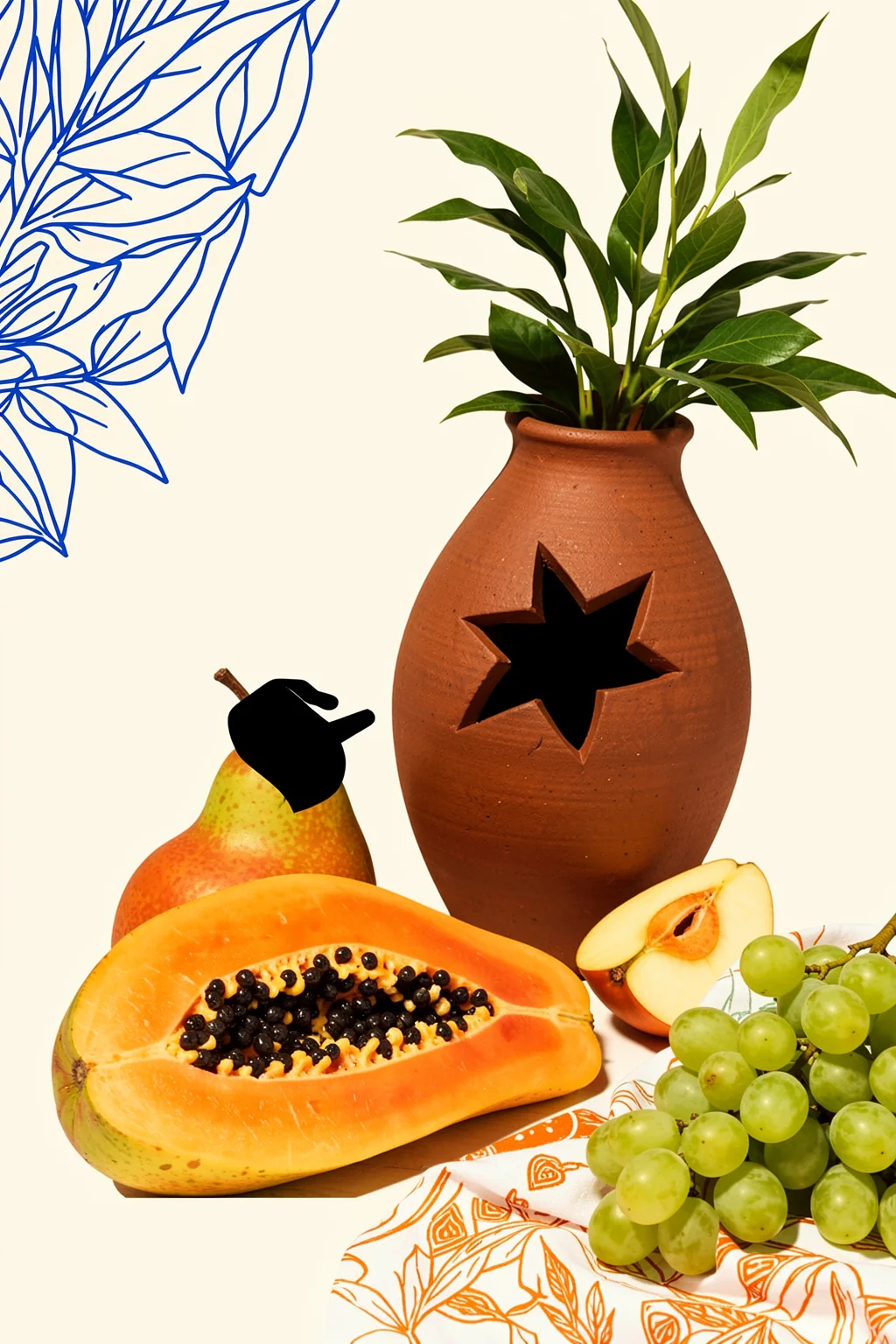 Pass Me The Pear. A still life combines a leafy plant in a terracotta vase, a pear, cut fruit, grapes, and a printed cloth, with blue botanical linework at upper left.