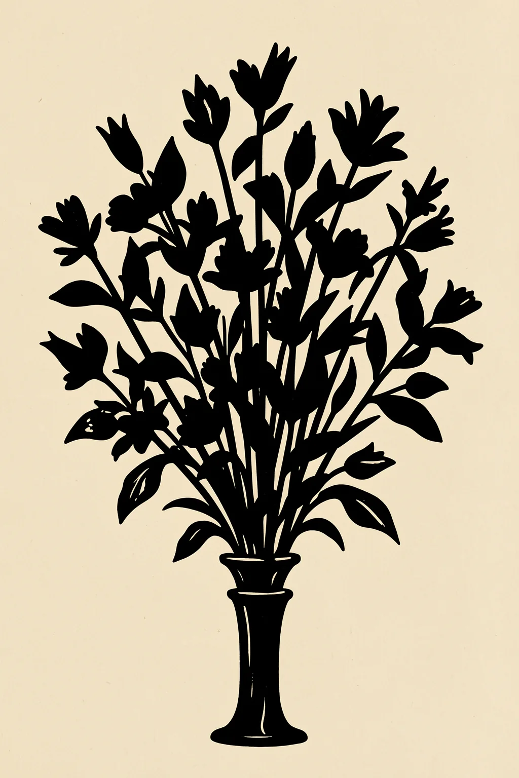 Black Floral Vase. A dense black silhouette of leafy stems and small flowers fills a slender vase on warm cream paper.