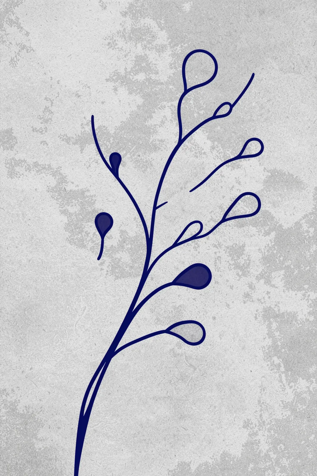 Blue Branch Harmony. A single navy-blue line drawing of a branching plant with looped leaves stands on a mottled light-gray background.