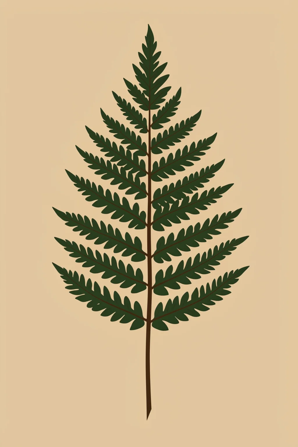 Delicate Fern Frond. A single dark-green fern frond is centered vertically on a plain warm beige background.