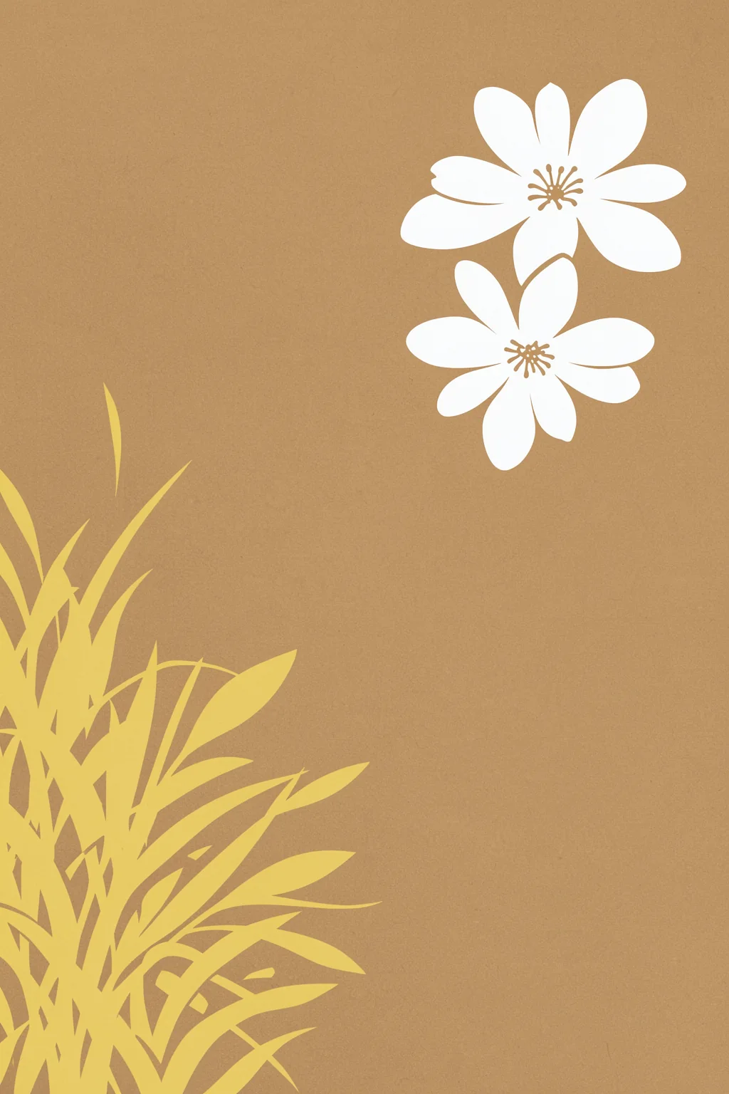 Golden Abstract Botanicals. Two simple white flowers and a pale golden leafy sprig decorate a textured tan background, leaving open space at the center.