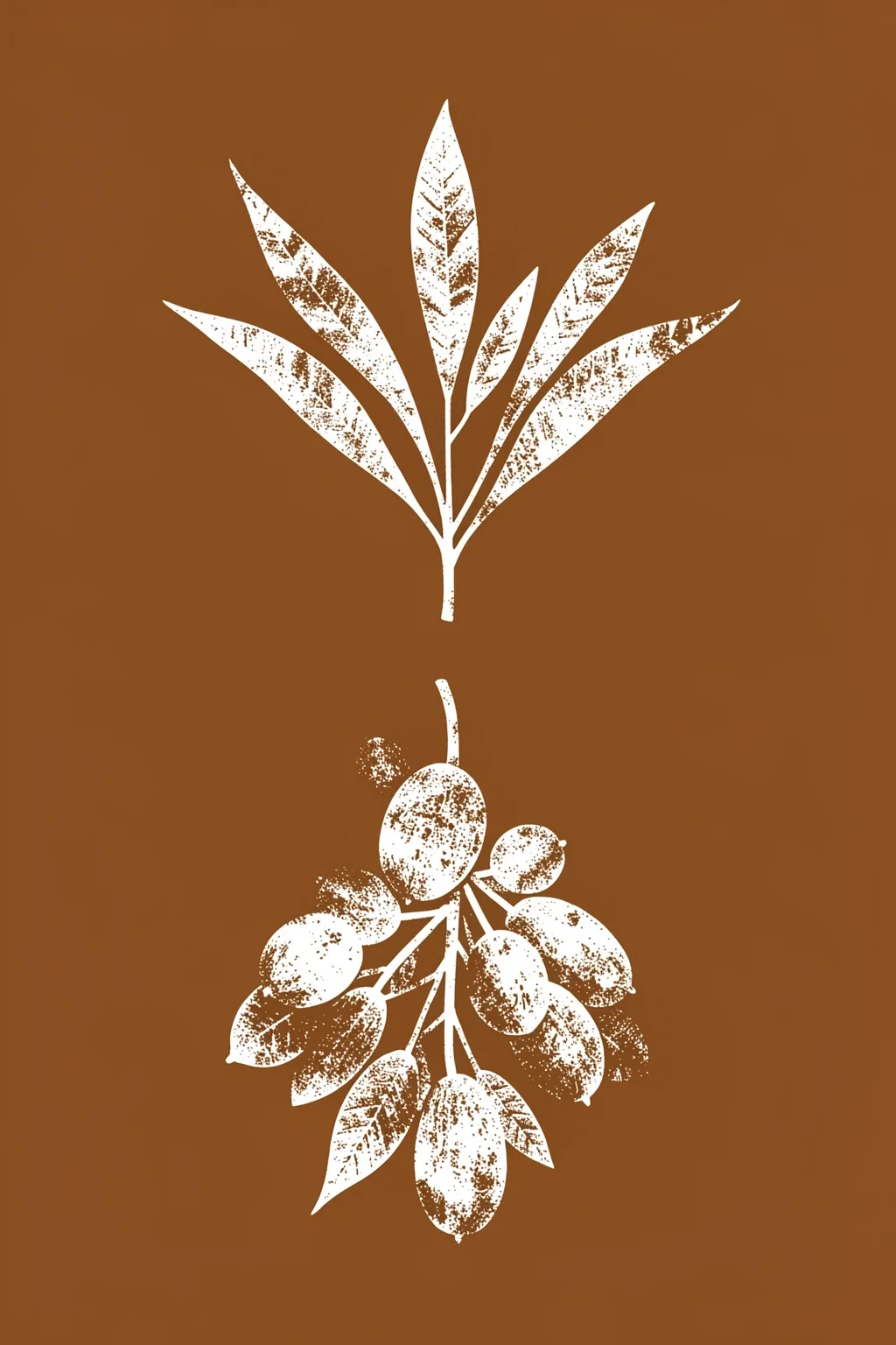 Organic Leaf Silhouettes. Two white botanical silhouettes—a pointed-leaf sprig above and a cluster of oval leaves below—stand against a solid warm-brown background.