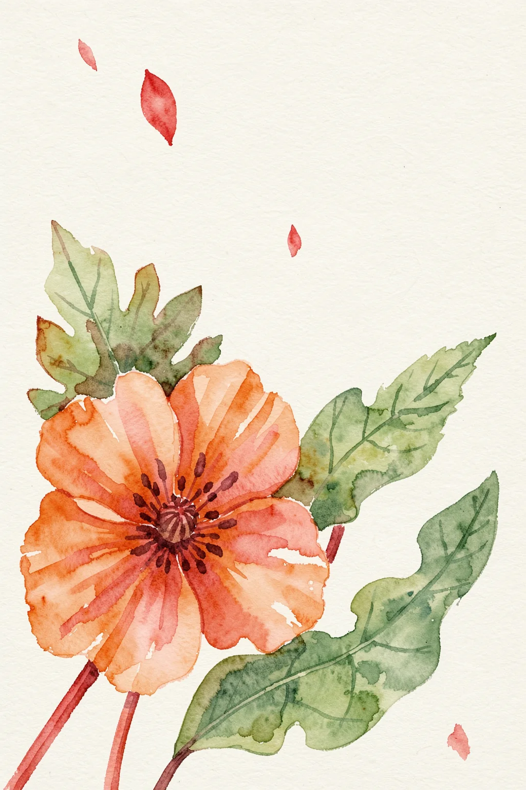 Watercolor Garden Flowers. A large orange watercolor flower and green leaves fill the lower-left area, with a few loose red petals floating on an ivory ground.