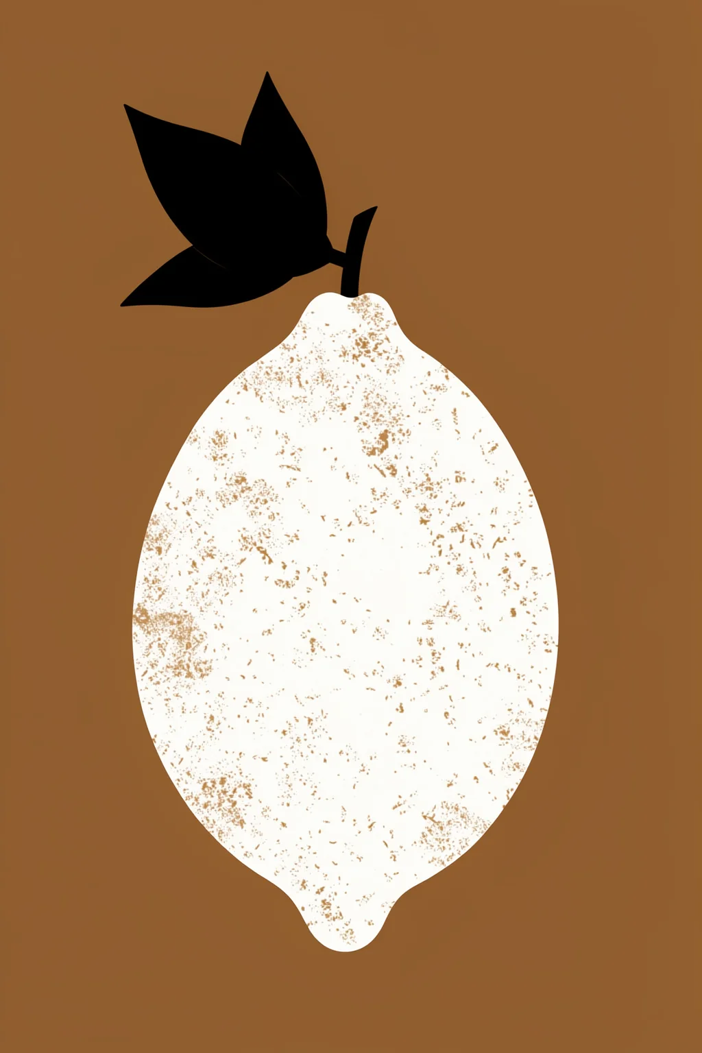 Minimal Lemon Still Life. A pale lemon-shaped silhouette with dark-brown leaves and stem stands against a solid brown background.
