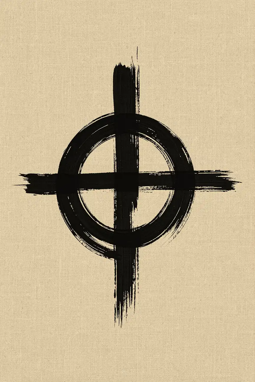 Circle Intersection. A rough black circle and intersecting cross strokes form a centered geometric symbol on textured beige.