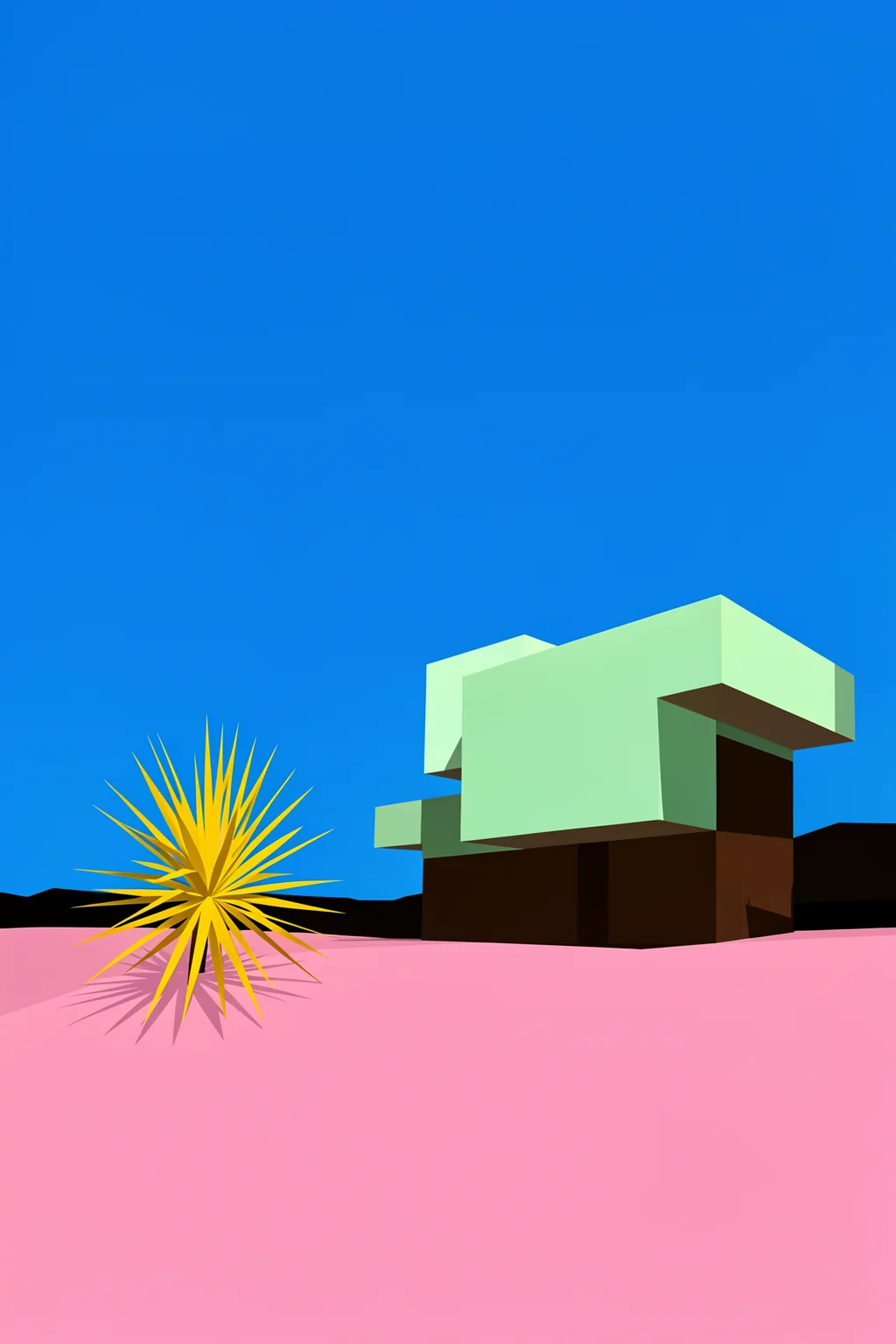 Kaufmann Desert House. A geometric desert-house scene shows an angular green-and-brown building, a spiky yellow plant, a vivid blue sky, and pink ground.